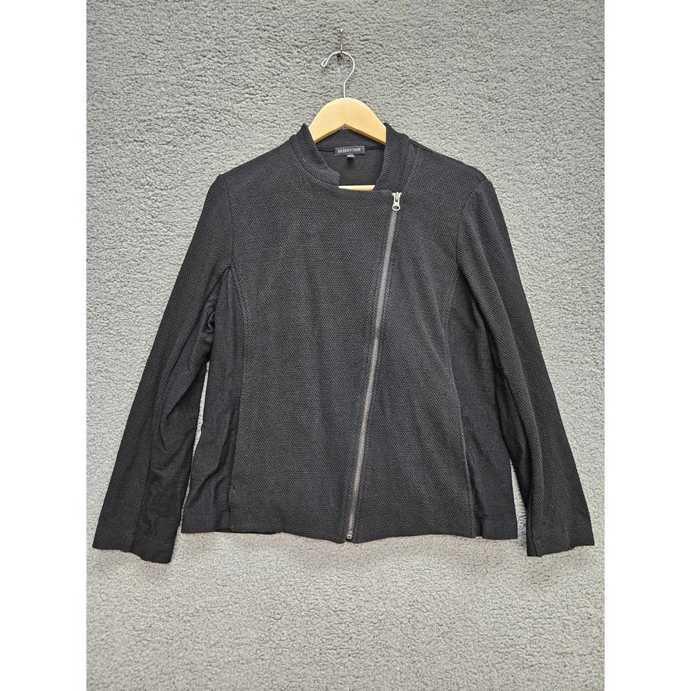 Eileen Fisher Jacket M Black Asymmetrical Zip Textured Moto Mock Neck Knit